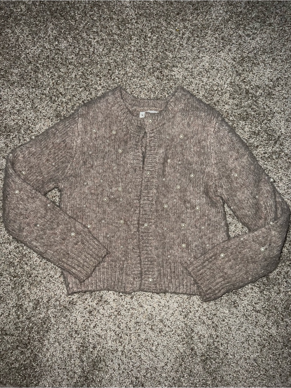 Zara Pearl-Embellished Taupe and Blue Girls Cardigan Sweaters